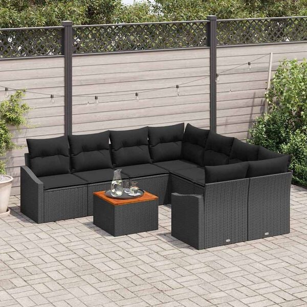 vidaXL Garden Sofa Set with Cushion 9 pcs Black Poly Rattan