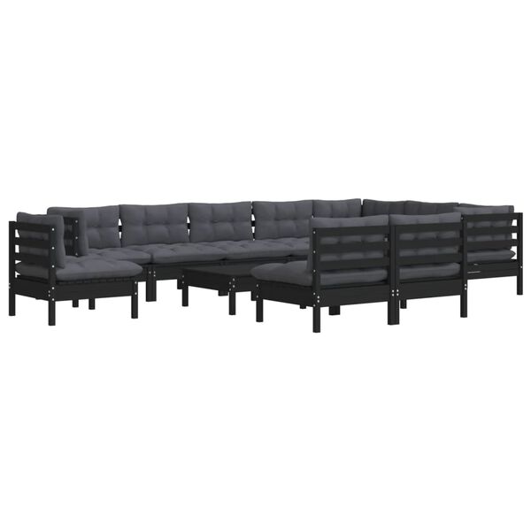 vidaXL 11 Piece Garden Lounge Set with Cushions Black Solid Pinewood