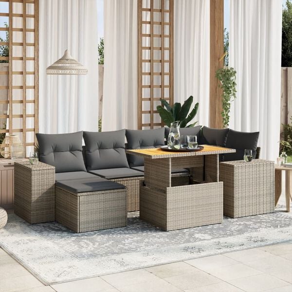 vidaXL 7 Piece Garden Sofa Set with Cushions Grey Poly Rattan