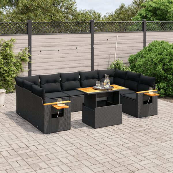 vidaXL 10 Piece Garden Sofa Set with Cushions Black Poly Rattan