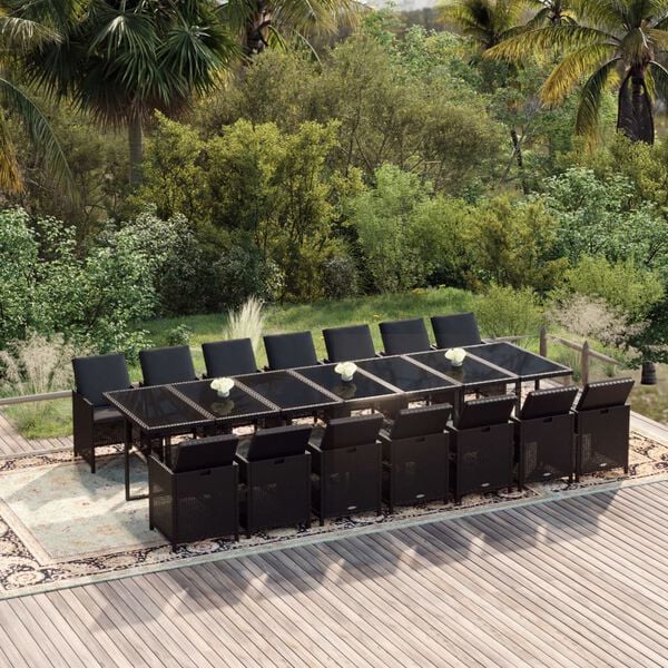 vidaXL 15 Piece Garden Dining Set with Cushions Poly Rattan Black