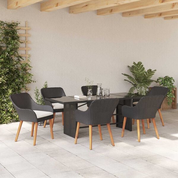 vidaXL Garden Dining Set with Cushion 7 pcs Black Poly Rattan