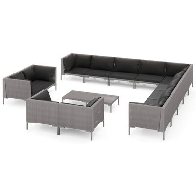 vidaXL 14 Piece Garden Lounge Set with Cushions Poly Rattan Dark Grey