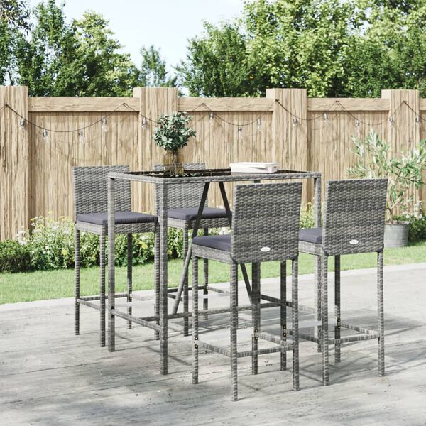 vidaXL 5 Piece Outdoor Bar Set with Cushions Grey Poly Rattan