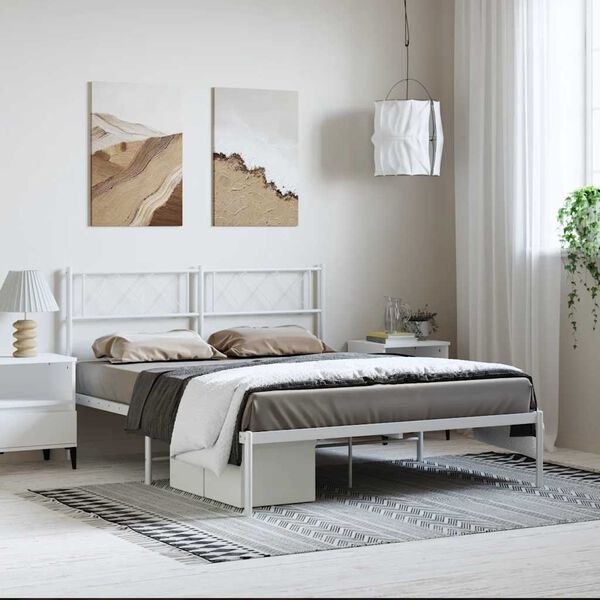 vidaXL Metal Bed Frame without Mattress with Headboard White 150x200cm