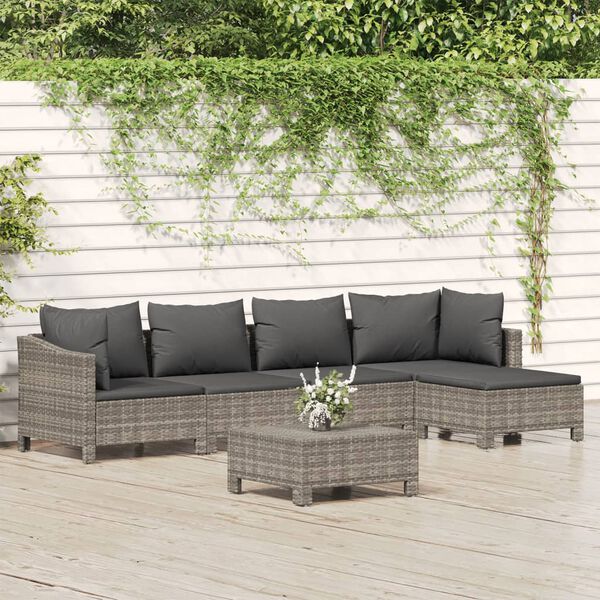 vidaXL 6 Piece Garden Lounge Set with Cushions Grey Poly Rattan