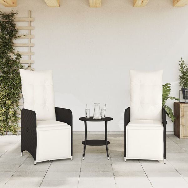 vidaXL Reclining Garden Chairs 2 pcs with Table Black Poly Rattan