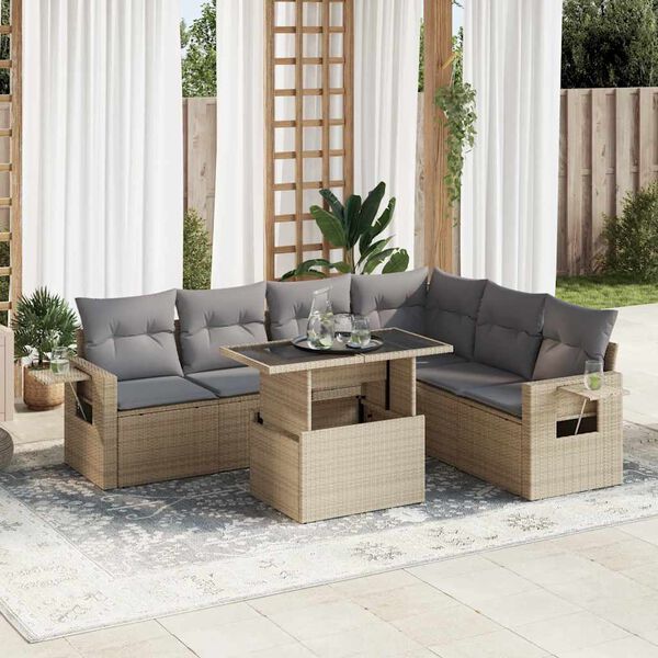vidaXL 7 Piece Garden Sofa Set with Cushions Beige Poly Rattan