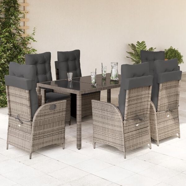 vidaXL 7 Piece Garden Dining Set with Cushions Grey Poly Rattan