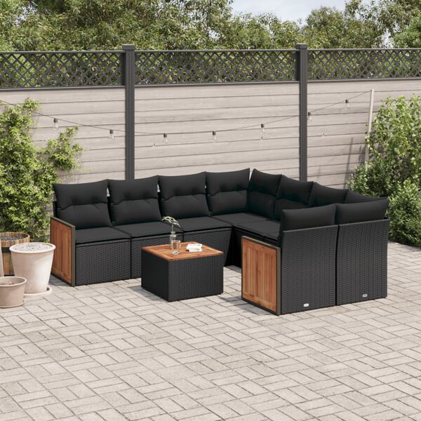 vidaXL 9 Piece Garden Sofa Set with Cushions Black Poly Rattan