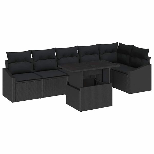 vidaXL Garden Sofa Set with Cushion 7 pcs Black Poly Rattan