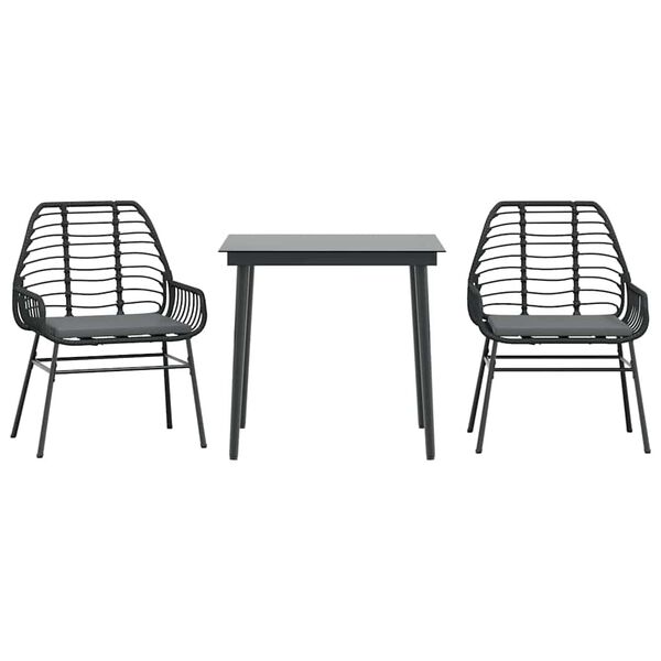 vidaXL 3 Piece Garden Dining Set with Cushions Black Poly Rattan Glass