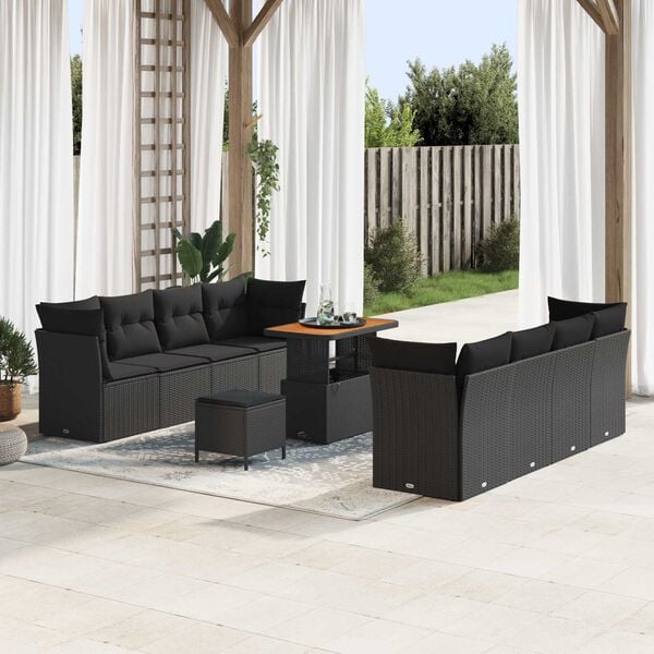 vidaXL Garden Sofa Set Height-Adjustable 11 pcs Black Poly Rattan