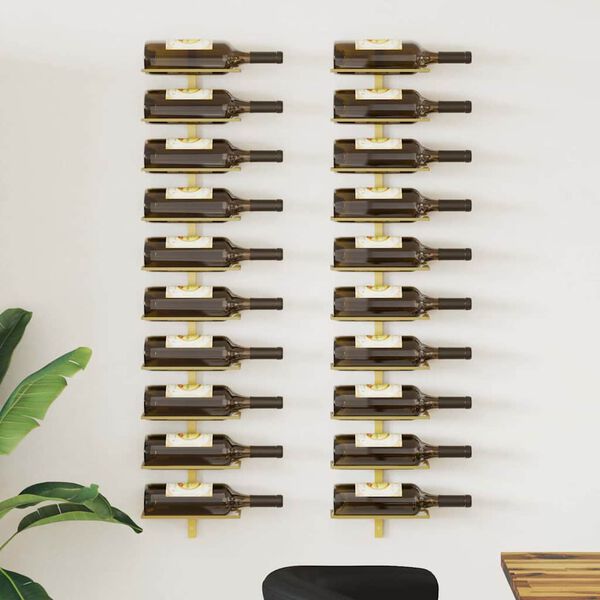 vidaXL Wall-mounted Wine Rack for 10 Bottles 2 pcs Gold Metal
