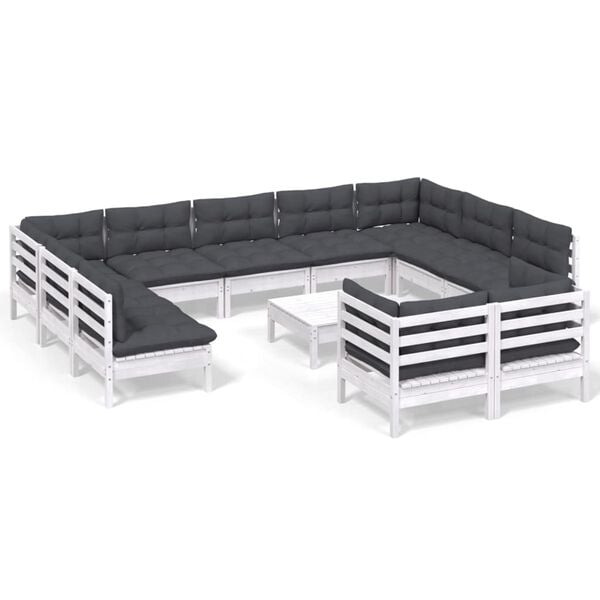 vidaXL 12 Piece Garden Lounge Set with Cushions White Solid Pinewood