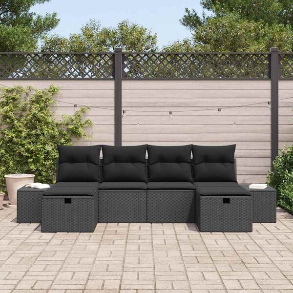 vidaXL Garden Sofa Set with Cushion 6 pcs Black Poly Rattan