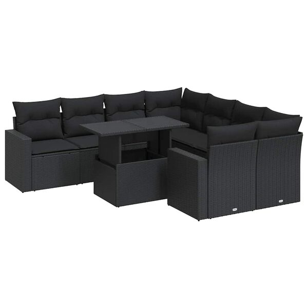vidaXL 9 Piece Garden Sofa Set with Cushions Black Poly Rattan