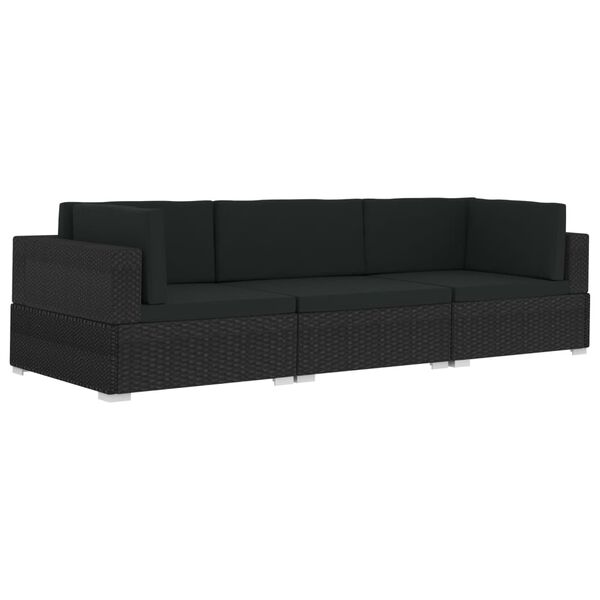 vidaXL 3 Piece Garden Sofa Set with Cushions Poly Rattan Black