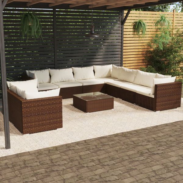 vidaXL 10 Piece Garden Lounge Set with Cushions Brown Poly Rattan