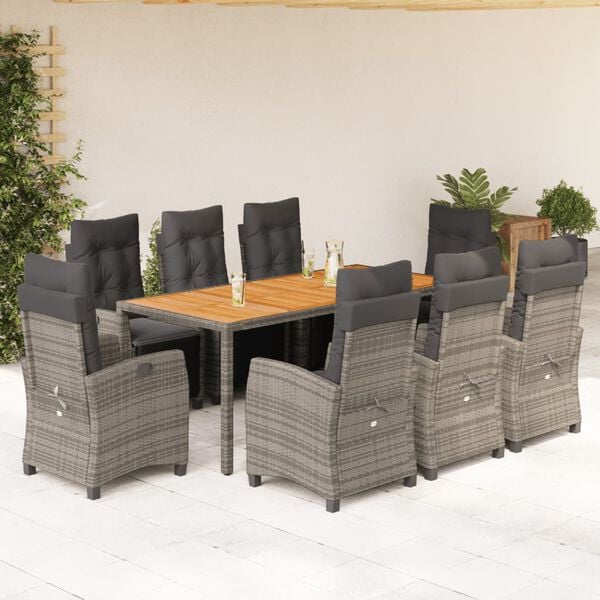 vidaXL 9 Piece Garden Dining Set with Cushions Grey Poly Rattan