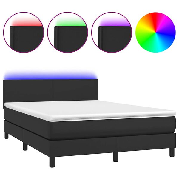 vidaXL Box Spring Bed with Mattress&LED Black 137x187 cm Double Size Faux Leather