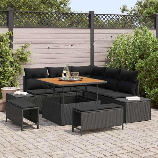 vidaXL Garden Sofa Set with Storage 8 pcs Black Poly rattan