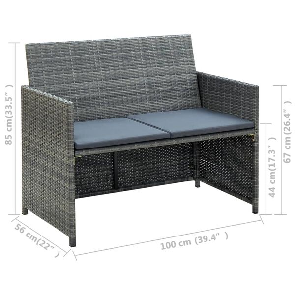 vidaXL 2 Seater Garden Sofa with Cushions Grey Poly Rattan