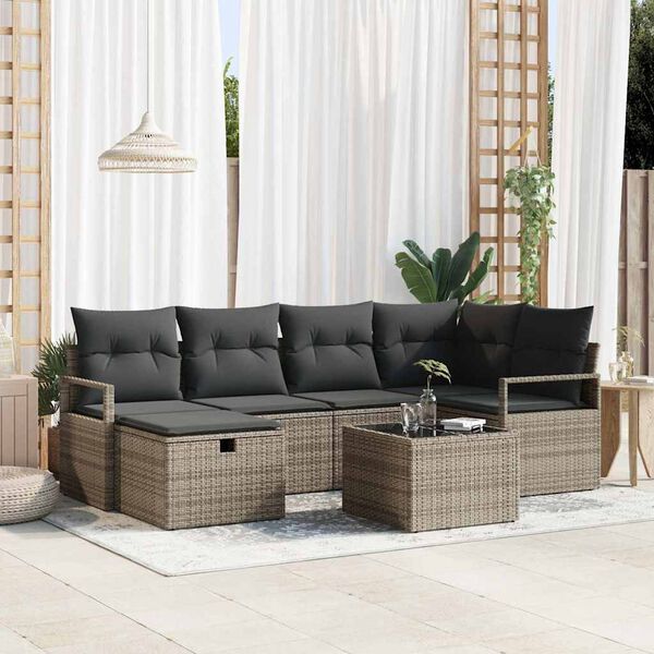 vidaXL Garden Sofa Set with Cushion 7 pcs Grey Poly rattan