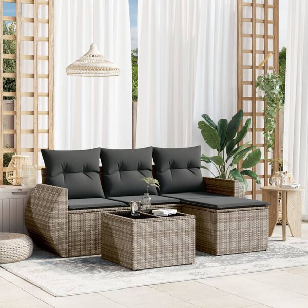 vidaXL 5 Piece Garden Sofa Set with Cushions Grey Poly Rattan