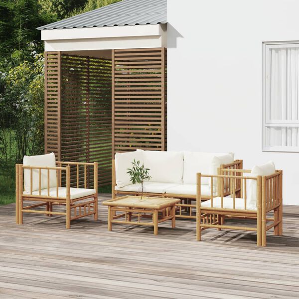 vidaXL 5 Piece Garden Lounge Set with Cream White Cushions Bamboo