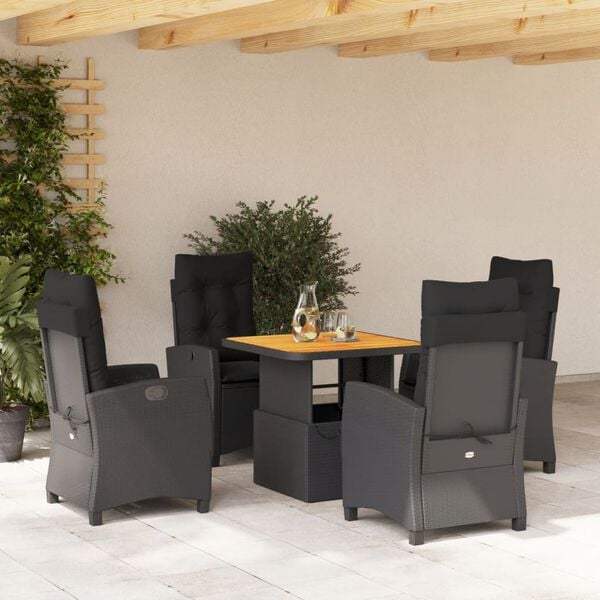 vidaXL 5 Piece Garden Dining Set with Cushions Black Poly Rattan