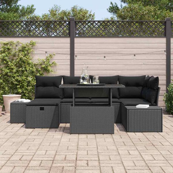 vidaXL Garden Sofa Set Height-Adjustable 7 pcs Black Poly Rattan
