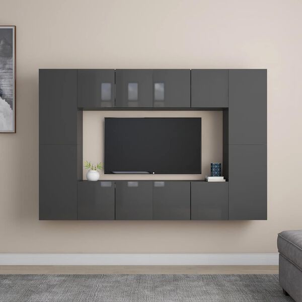 vidaXL 8 Piece TV Cabinet Set High Gloss Grey Engineered Wood