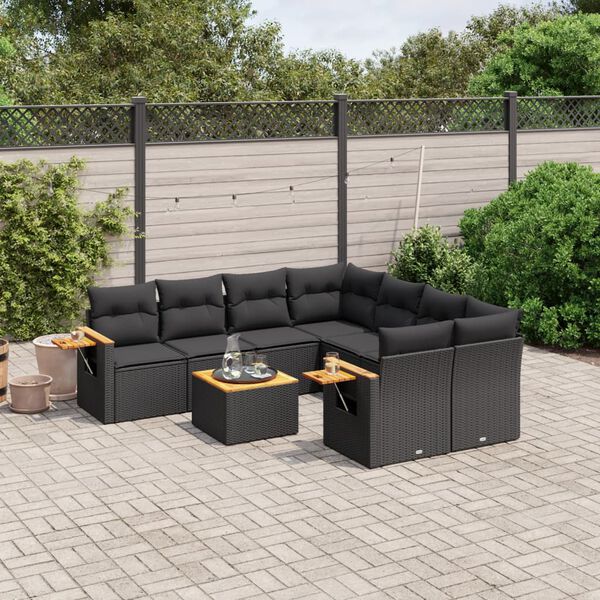 vidaXL 9 Piece Garden Sofa Set with Cushions Black Poly Rattan