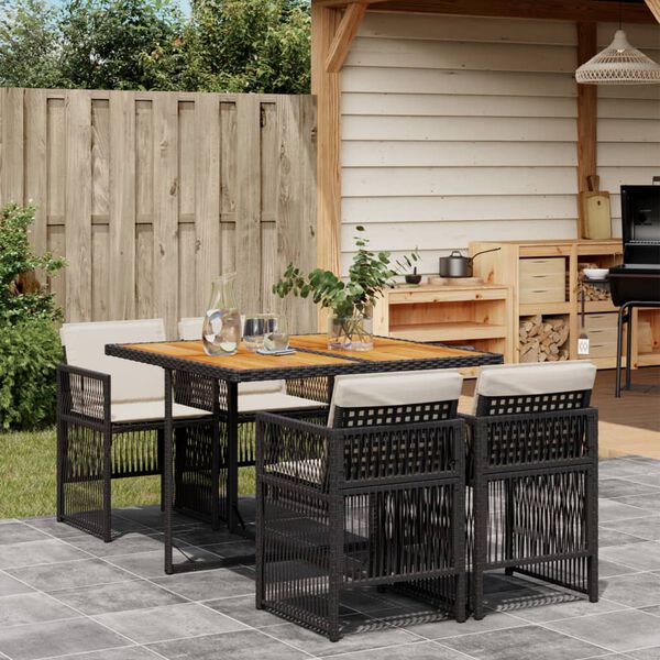 vidaXL 5 Piece Garden Dining Set with Cushions Black Poly Rattan