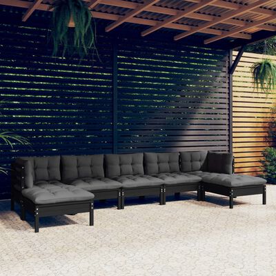 vidaXL 7 Piece Garden Lounge Set with Cushions Black Pinewood