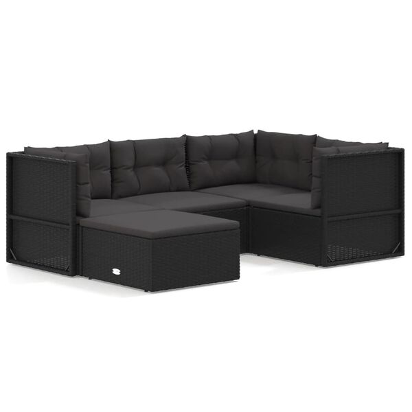 vidaXL 5 Piece Garden Lounge Set with Cushions Black Poly Rattan