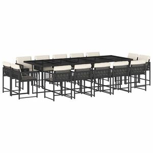 vidaXL 15 Piece Garden Dining Set with Cushions Black Poly Rattan