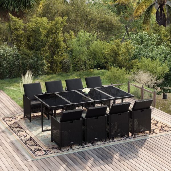 vidaXL 9 Piece Garden Dining Set with Cushions Poly Rattan Black