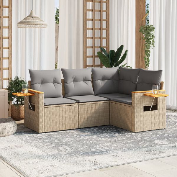 vidaXL 4 Piece Garden Sofa Set with Cushions Beige Poly Rattan
