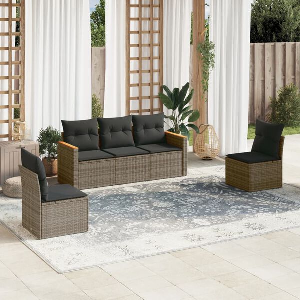 vidaXL 5 Piece Garden Sofa Set with Cushions Grey Poly Rattan