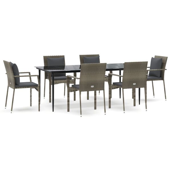 vidaXL 7 Piece Garden Dining Set with Cushions Black and Grey Poly Rattan
