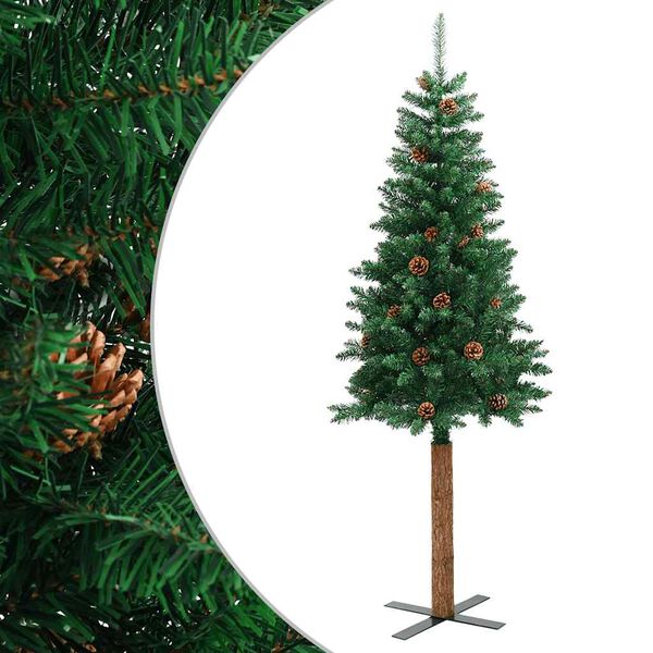 vidaXL Slim Christmas Tree with Real Wood and Cones Green 210 cm PVC