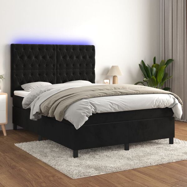vidaXL Box Spring Bed with Mattress&LED Black 137x187 cm Double Size Velvet