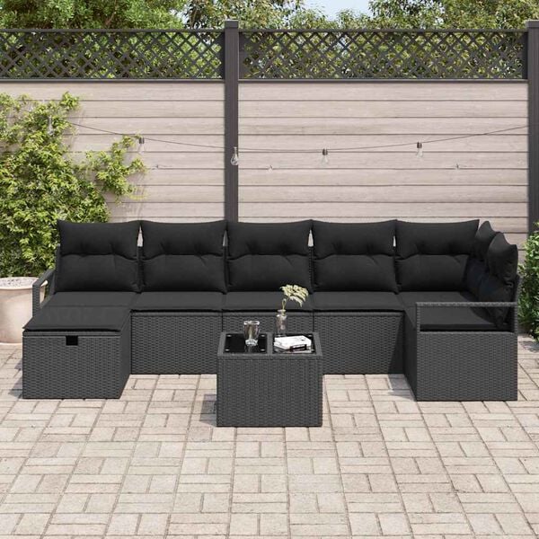vidaXL Garden Sofa Set with Cushion 8 pcs Black Poly rattan