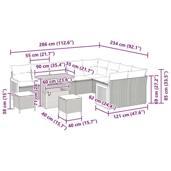vidaXL Garden Sofa Set with Cushion 12 pcs Black 90 x 55 x 71 cm