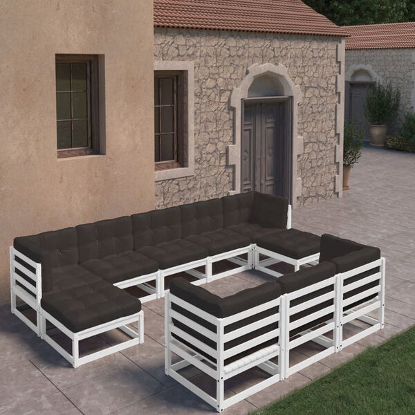 vidaXL 10 Piece Garden Lounge Set with Cushions White Solid Pinewood