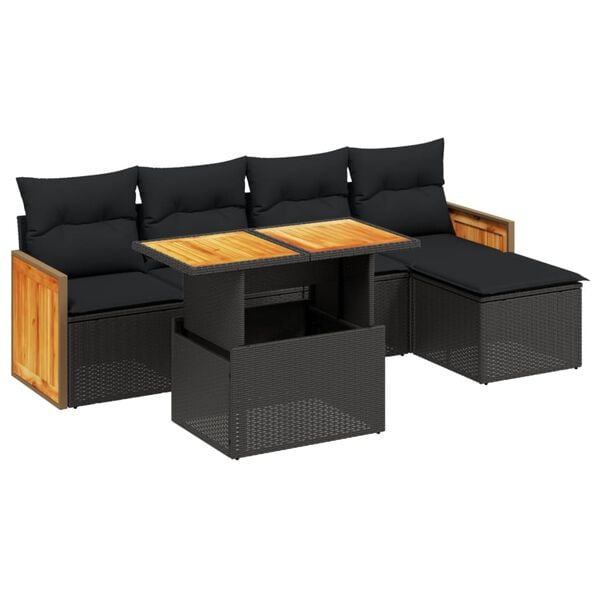 vidaXL 6 Piece Garden Sofa Set with Cushions Black Poly Rattan Acacia