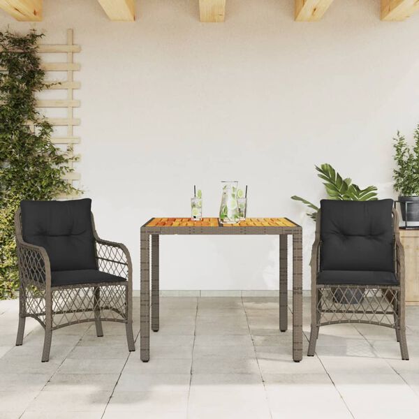 vidaXL 3 Piece Bistro Set with Cushions Grey Poly Rattan