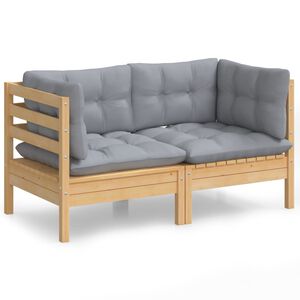 vidaXL 2-Seater Garden Sofa with Grey Cushions Solid Wood Pine